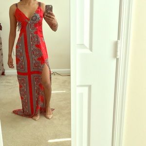 Prettylittlething red satin side split maxi dress